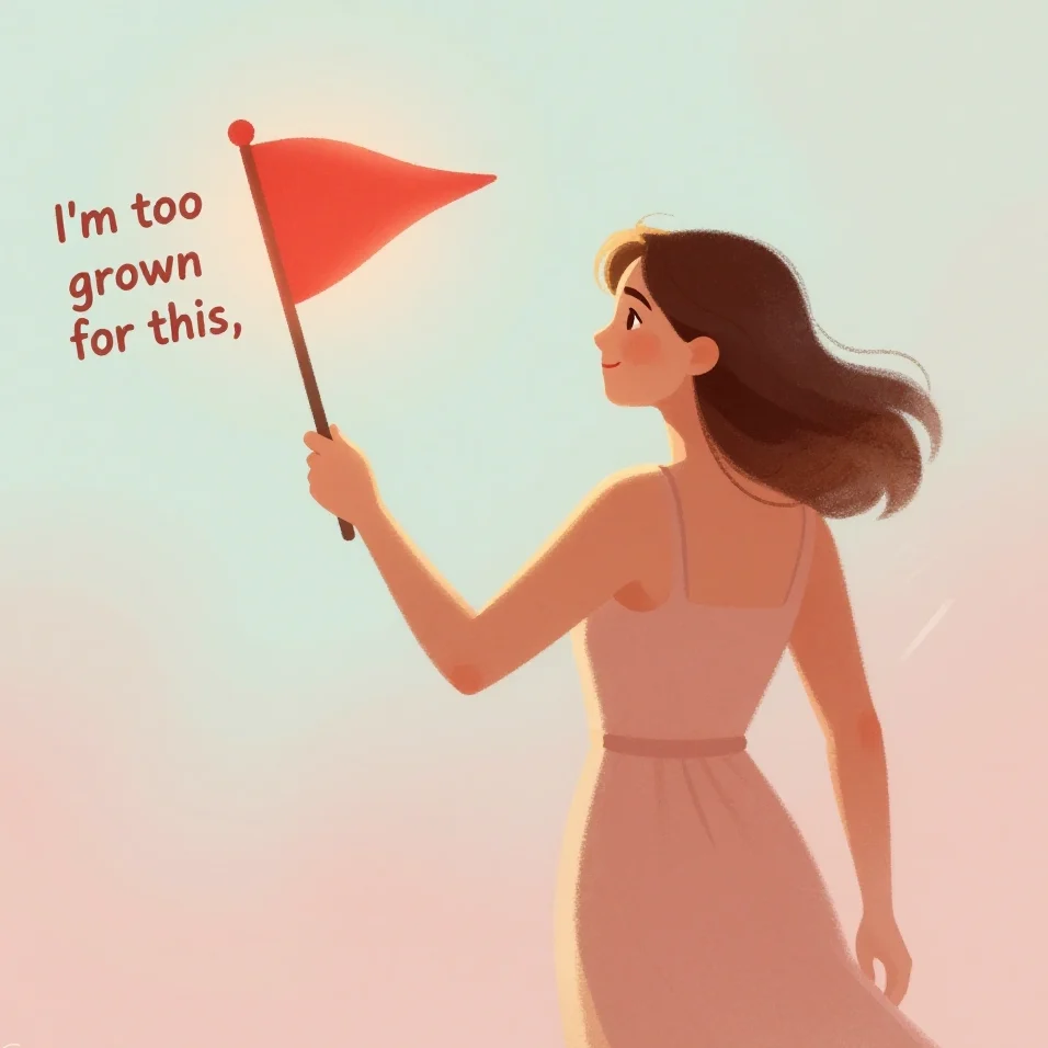 Illustration of female creator stepping away from a red-flag client icon