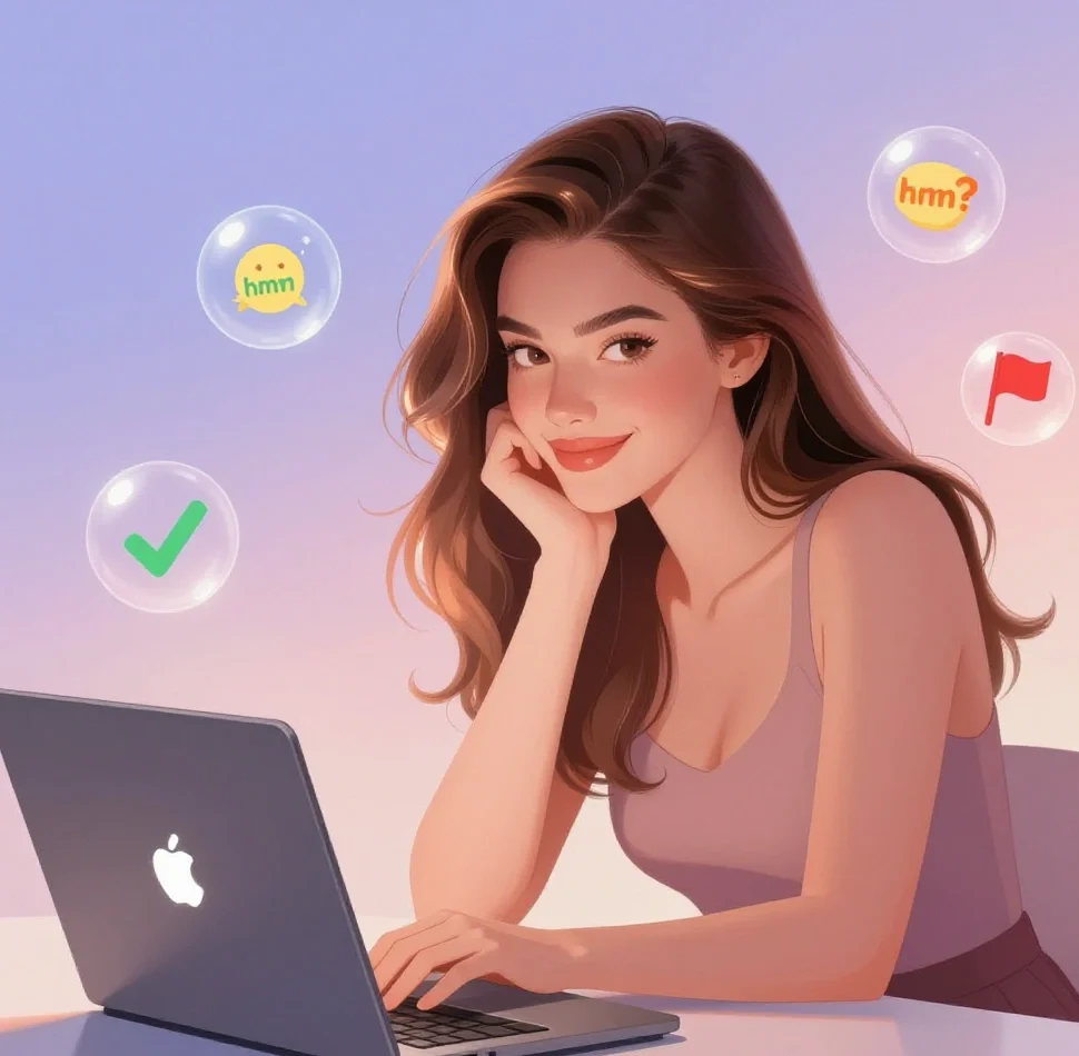 Illustration of female creator reviewing clients with floating green yellow red flags